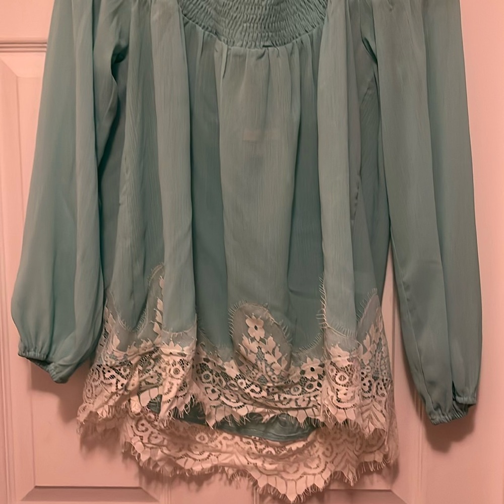 Elegant Lace Trim Blouse - Teal